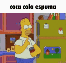 homer simpson is holding a can of coca cola in front of a refrigerator