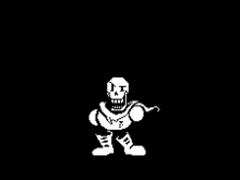 papyrus from undertale is dancing in a black and white pixel art style .