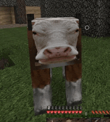 a brown and white cow is standing in the grass in a minecraft game .