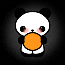 a black and white panda bear holding an orange circle in its mouth