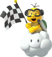 a cartoon character is holding a checkered flag