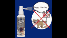 a spray bottle that says happy birthday next to a cartoon dog