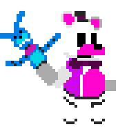 a pixel art of a white and pink bear holding a blue bunny