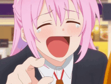 a close up of a pink haired anime girl laughing