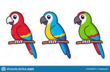 three colorful parrots are sitting on a branch in a cartoon style .