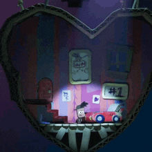 a cartoon of a boy crying in front of a pink wall with drawings on it
