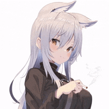 a girl with white hair and cat ears is holding a cigarette