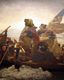 a painting of soldiers in a boat with a dog on the back