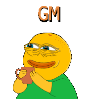 a cartoon character holding a cup with the word gm below him