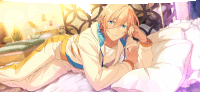 a boy with blonde hair and blue eyes is laying on a bed with white sheets