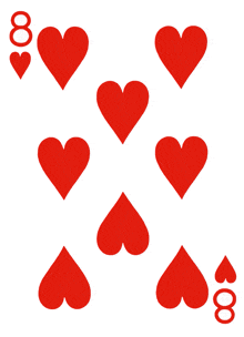 a playing card with eight red hearts and the number eight on it