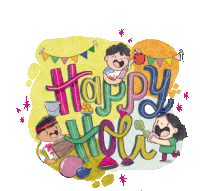 a cartoon drawing of children playing with the words happy holi on a yellow background