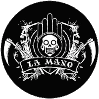 a black and white logo for la mano with skulls and guns