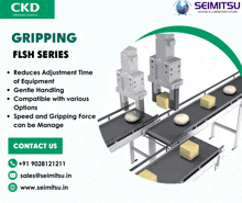 an advertisement for ckd gripping flsh series shows a conveyor belt with boxes on it