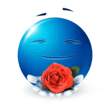 a blue smiley face with a red rose in front of it 's mouth