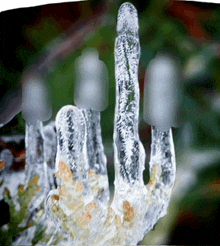 a close up of a hand made of ice with a blurred background