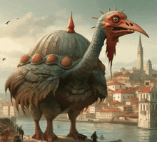 a painting of a bird with a dome on its head standing in front of a city