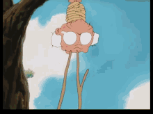 a cartoon character hanging from a tree branch with a rope around his neck