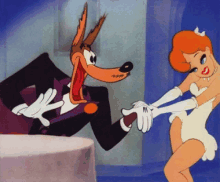 a cartoon of a wolf and a woman dancing