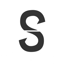 a black letter s on a white background with a diagonal line