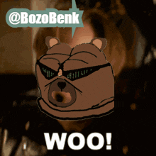 a cartoon of a bear with sunglasses and the words woo below it