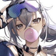 a girl wearing sunglasses blowing a pink bubble