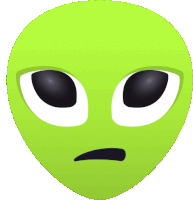 a green alien face with black eyes and a surprised expression