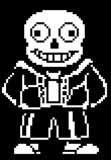 a pixel art of sans from undertale is smiling and standing on a black background .