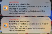 a critical rocket and missile fire notification is displayed on a phone screen