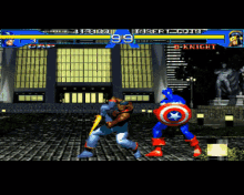 a video game screen shows captain america and a knight fighting each other