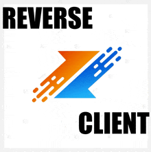 a logo for reverse client has a blue and orange arrow