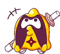 a yellow and purple cartoon character with a sword