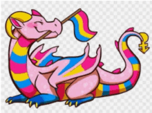 a cartoon dragon is holding a pansexual flag in its mouth .