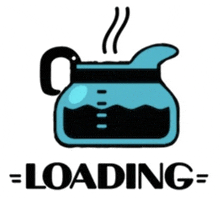 a blue coffee pot with steam coming out of it and the words " loading " below it