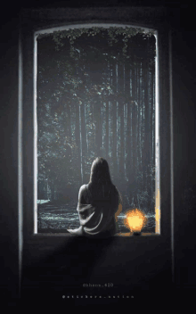 a woman is looking out of a window at a forest with a lantern in the foreground