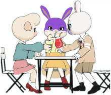 three cartoon characters are sitting at a table drinking from cups