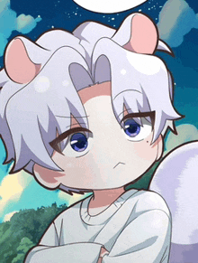 a cartoon character with white hair and blue eyes has a squirrel tail