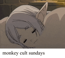 a monkey cult sundays poster with a picture of a sleeping elf