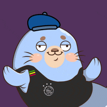 a seal wearing a blue hat and a black shirt with ajax on it