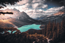 a lake surrounded by trees and mountains with a cloudy sky