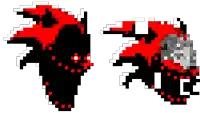 a pixel art drawing of a red and black dragon with a helmet on a white background .