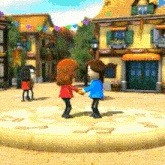 a couple of cartoon characters dancing in front of a row of buildings