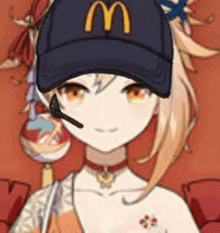 a girl wearing a mcdonald 's hat with a microphone on her head .