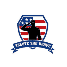 a logo with a soldier saluting in front of an american flag and the words salute the brave .