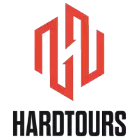 a logo for hardtours with a red hexagon