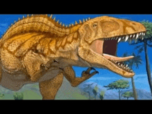 a cartoon of a t-rex with its mouth open .