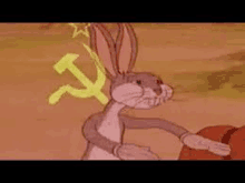 bugs bunny is standing in front of a hammer and sickle symbol .