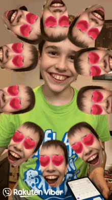 a boy wearing a green shirt with hearts on his eyes is surrounded by hearts