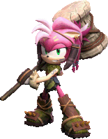 a cartoon character with pink hair is holding a hammer and a rock