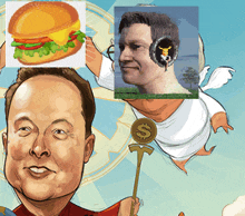 a cartoon of elon musk holding a hamburger and a cupid holding a dollar sign